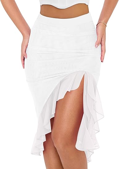Women's Sexy Mesh Beach Mini Skirt High Waisted Asymmetrical Flowy Ruffle Bodycon Short Slit Skirts