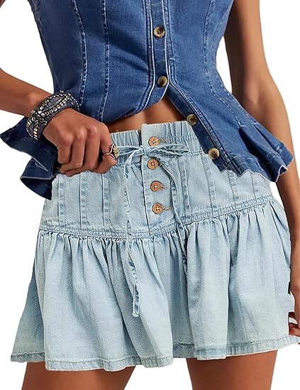 Women's Denim Skirt High Waist Stretch Jean Skort Casual Button Mini Skirt with Pockets for Summer & Concert Outfits